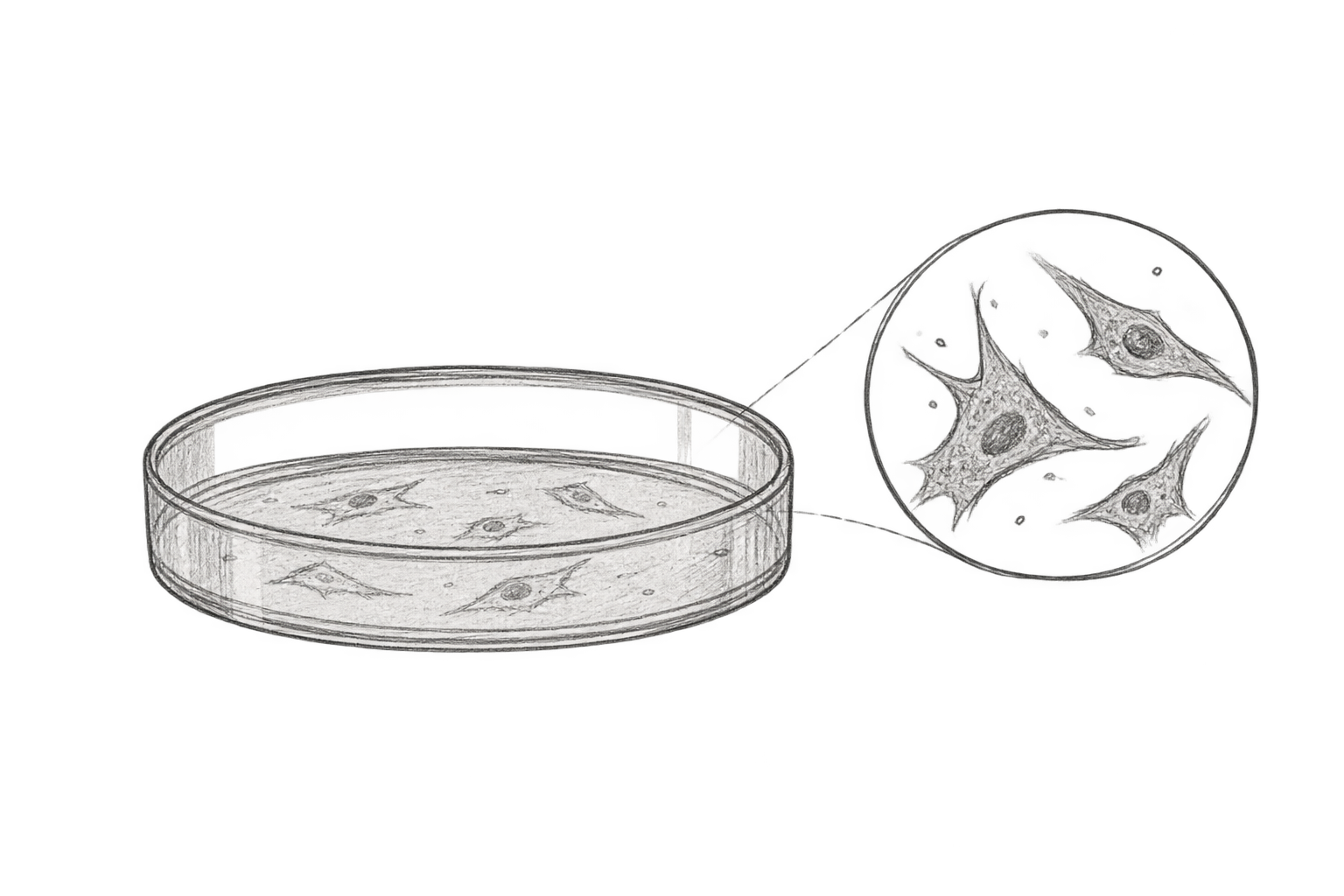 Conceptual pencil sketch of a culture dish and adherent cells.