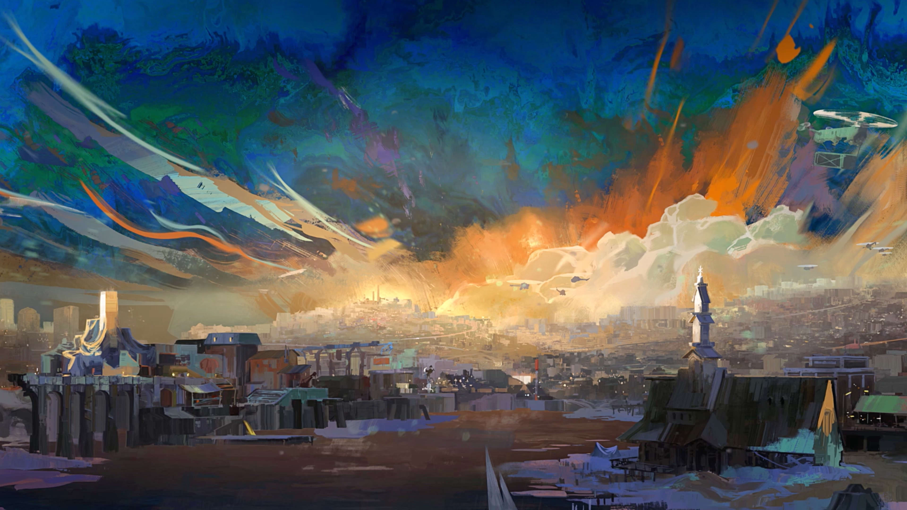 Revachol beneath sweeping cobalt-blue clouds and an orange-gold sky, from the official Disco Elysium gallery.